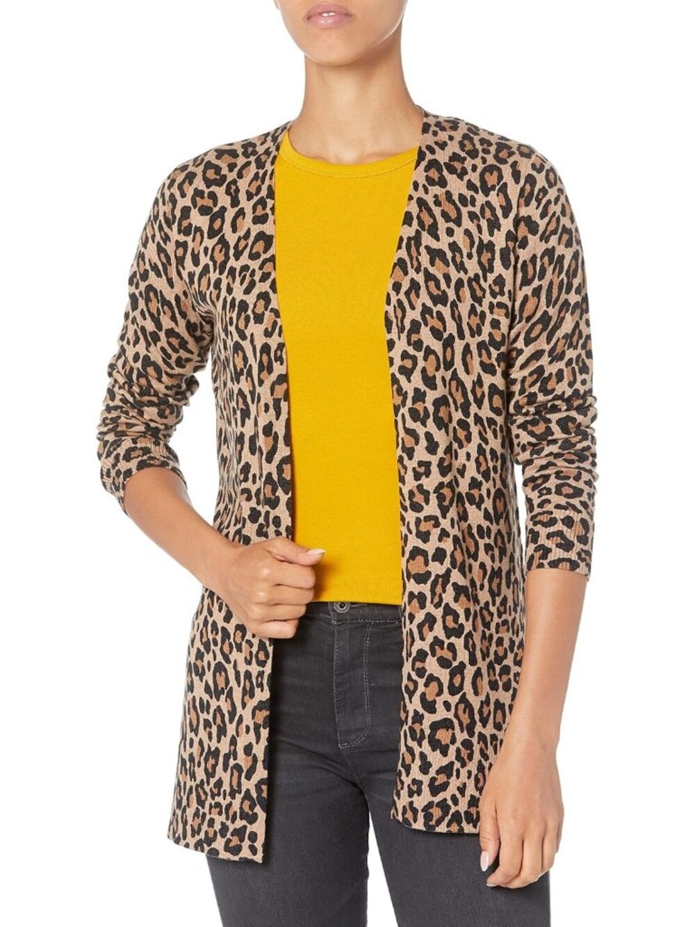 Amazon Essentials Women's Camel Leopard Long Sleeve Open Front Cardigan Sweaters